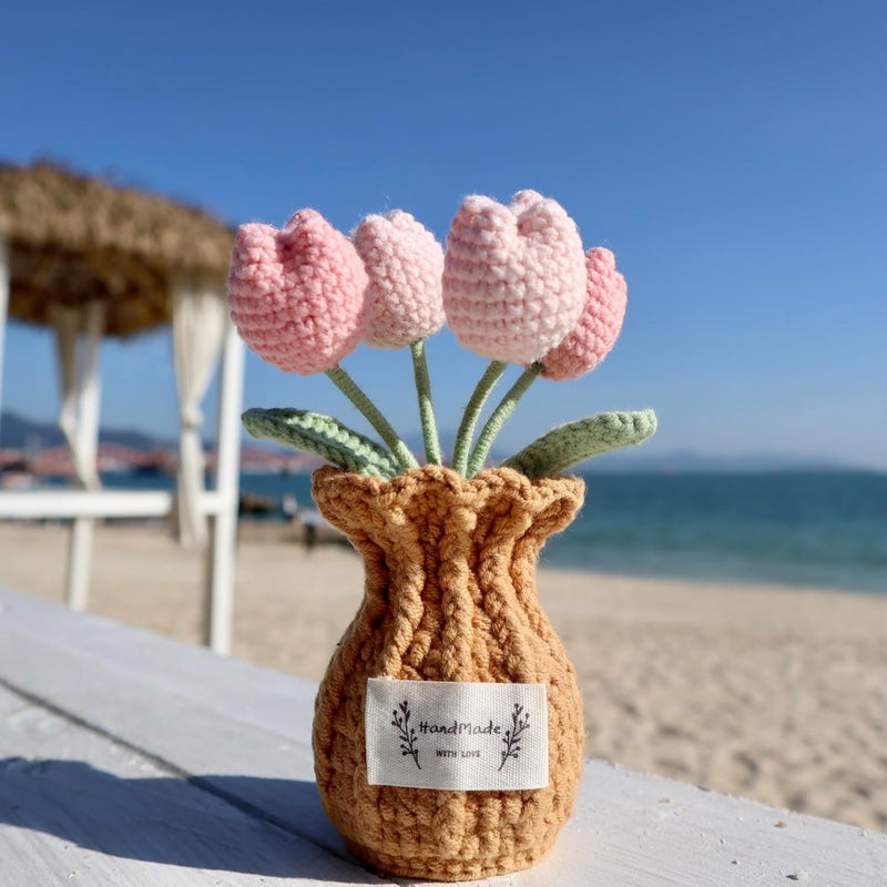 YOOJEE Christmas Crochet Flower Pot Stocking Stuffers Basket Gifts Coworker Handmade Knitted Pink Tulip Potted Flower for Women Teacher Friends Sister Birthday Wedding Home Holiday Cute Desk Decor - Image 4